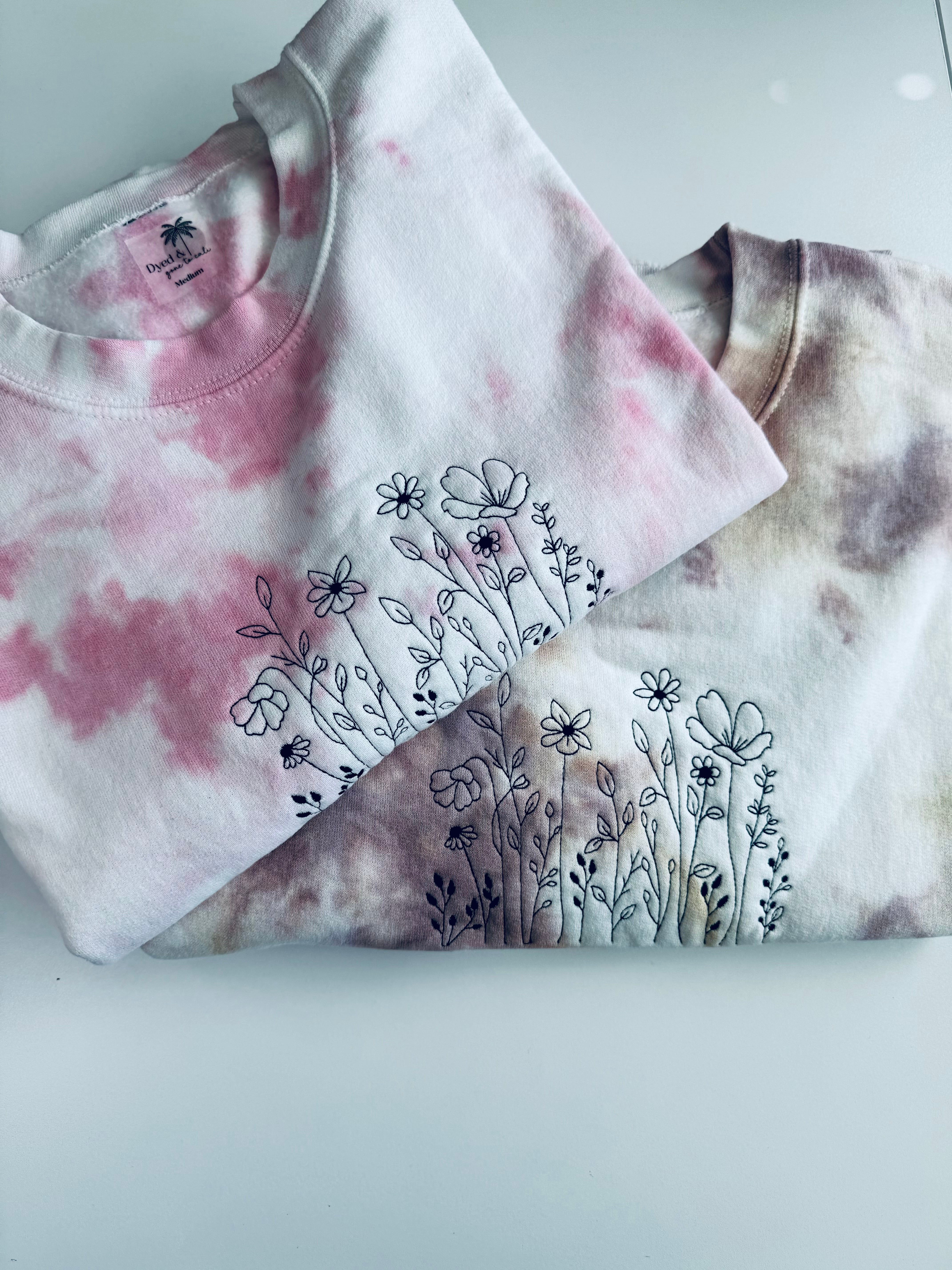 Pink Dyed Floral Embroidery Crew